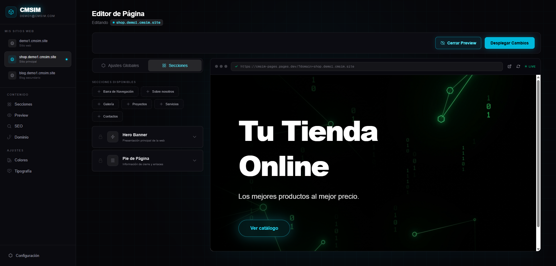 Panel de administración de CMSim
